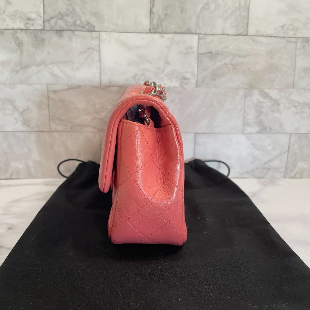 Chanel Mini Classic Flap Pink Coral Orange Lambskin Rectangular Crossbody Silver - Picture 11 of 15